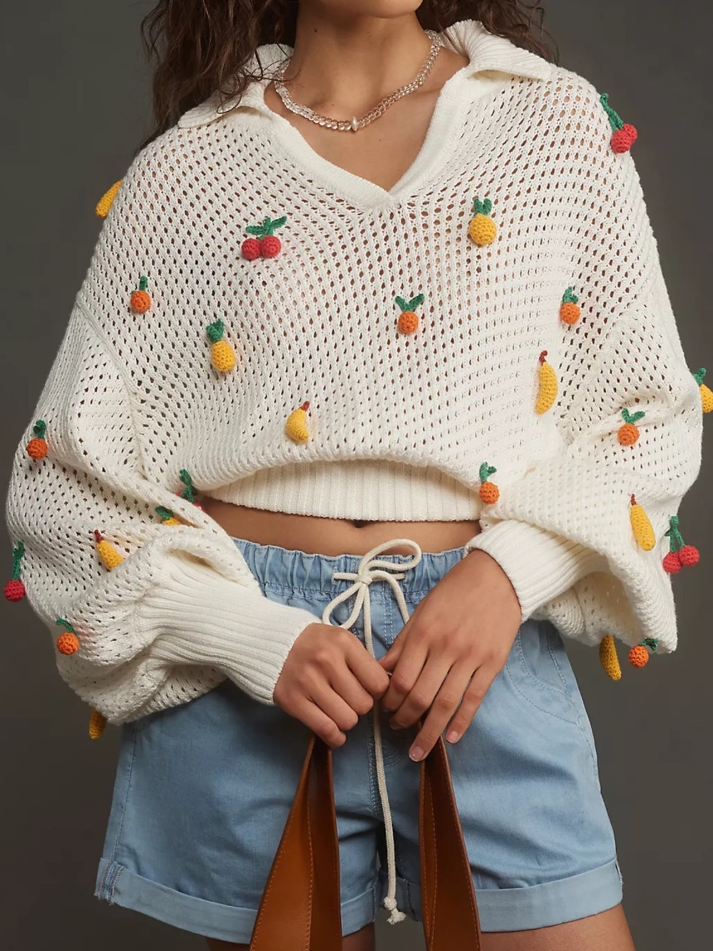 FARM RIO
Open Stitch Crochet Fruit Johnny Collar Cotton Sweater